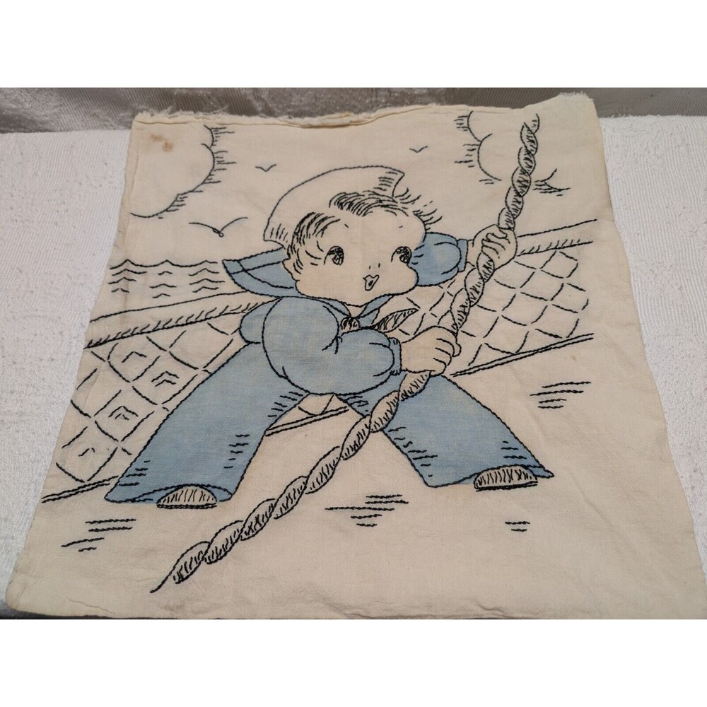 Vintage 1940s Hand Embroidered Flour Sack Cute Sailor Boy Collectable Rare